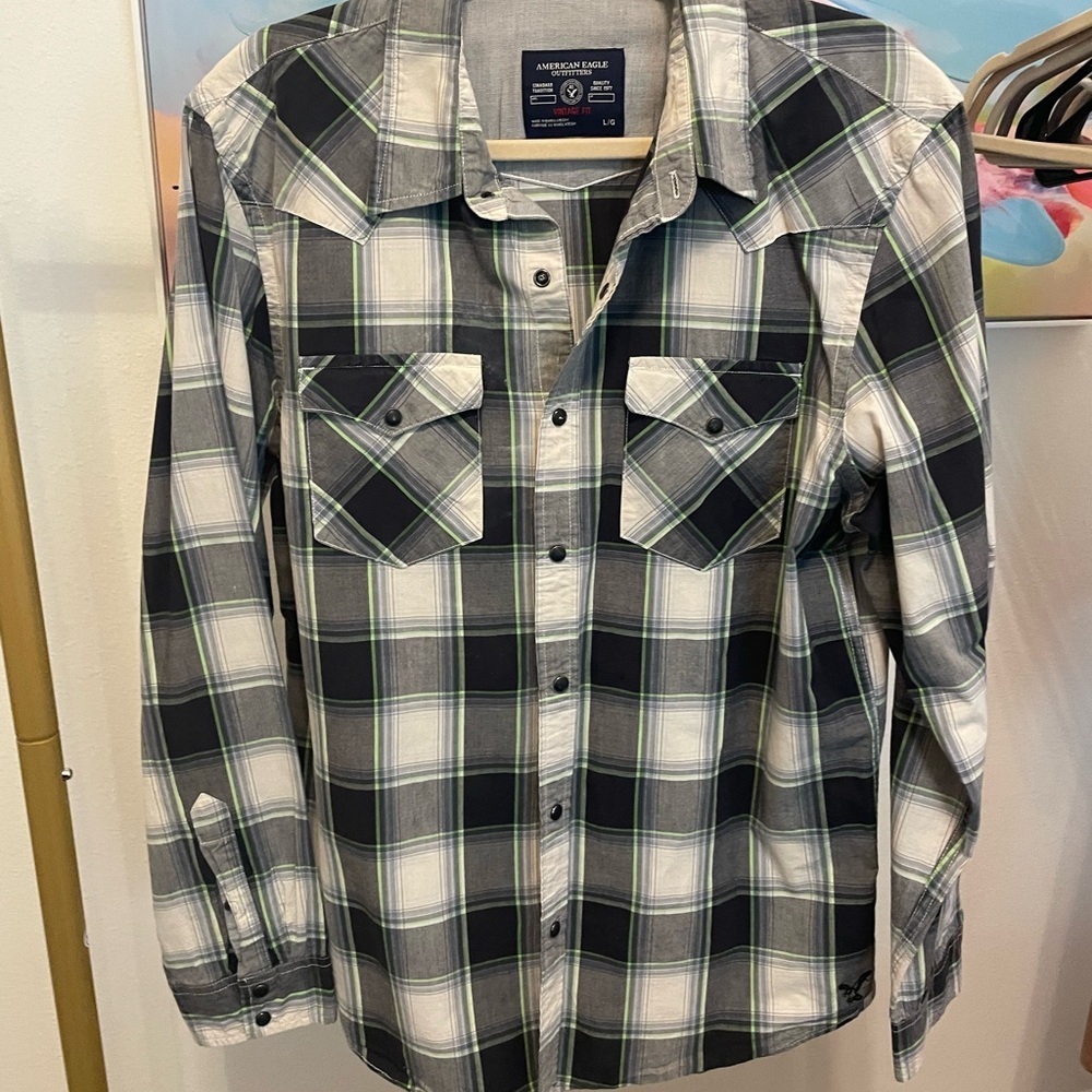 American Eagle Plaid Button-Up Shirt Womens western rodeo casual Large